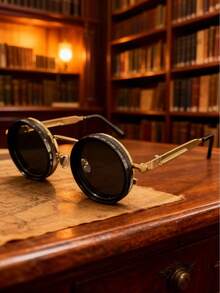 Solid Color Retro Kaleidoscope Style Rotatable Party Fashion Glasses, Party, Gathering, Travel, Fashion Steampunk Style Rotatable Lens Glasses - Adjustable Brightness, Alloy Frame, Black Frame With Gray Lens, Suitable For Masquerade And Fashion Accessories, Fashion Statement Glasses | Steampunk Glasses | Alloy Frame Glasses