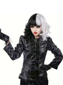 1pc Fashion Curly Wig, Suitable For Ladies' Carnival Party Performance, Medium Length, Black And White Color - Fits Various Holiday Party Cosplay