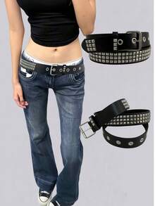 New Rivet Waist Belt, Unisex Heavy Metal Style Belt, Y2K Punk Rock Cowboy Jeans Belt, European And American Style - Black - View 7