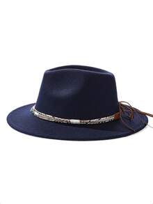 1pc Bohemian Style Faux Leather Decor Felt Fedora Hat, Soft Brim, Unisex Fashion For Work And Commute, Suitable For Autumn And Winter