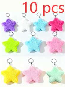 10 piezas DIY Lindos llaveros de estrella de peluche rosa, 1 pieza Decoración de colgante de bolso de estrella de pentágono de peluche azul, Llaveros de estrella para parejas, Regalo creativo para fiestas, Pequeño regalo para accesorios de bolso, Cordones con soporte para identificación, Accesorios para automóvil, Encantos para bolsos, Navidad
