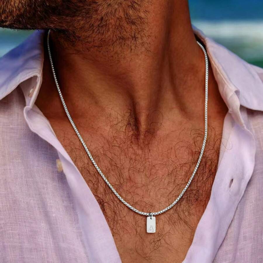 1pc New Minimalist Rectangular Letter Pendant Stainless Steel Chain Necklace For Men - Silver Rectangular Letters - View 1