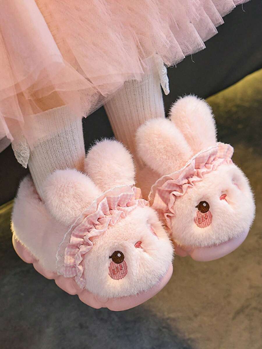 Girls' Plush Rabbit Winter Slippers, Thermal Lined Warm Anti-Slip Thick Sole Indoor House Shoes, Suitable For Toddlers And Walking Children - Pink - View 1