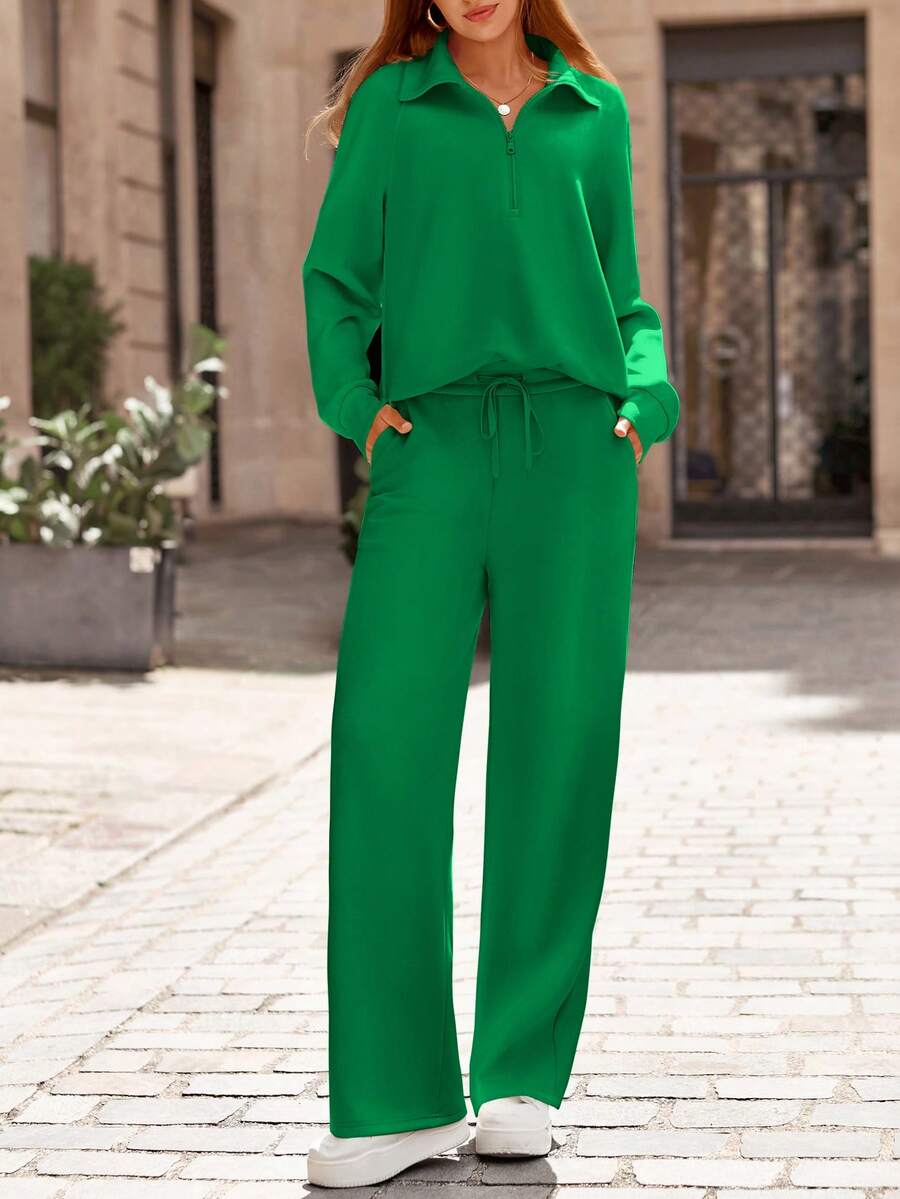 Women's 2 Piece Outfits Casual Lapel Half Zip Sweatshirts And Wide Leg Pants Tracksuit Sets Vacation Spring Fall Outfits For Women - màu xanh lá - Xem 1