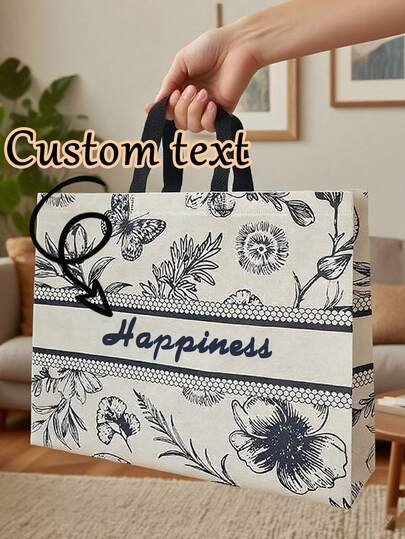 Customized Elegant Floral Pattern Gift Paper Bags, Customizable Foldable Personalized Tote Bag, Customizable Texts/Names, Custom Large Capacity Shoulder Bag, Shopping Bag, Portable Casual Storage Handbag, Simple Shopping Bag Suitable Ideal Gifts For Her, Family, Friends, Girlfriend, For Weddings, Banquets, Parties, Daily Use,