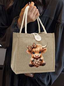 Bolso de mano con estampado de vaca de las tierras altas con lazo lindo, adecuado para compras y tomar fotos, bolso de lino, esencial de bolso de viaje, bolso de gran capacidad, bolso de compras, bolsa de almuerzo, bolso cruzado, etc., adecuado para mujeres, uso diario, citas, ocasiones especiales, vuelta al colegio, vacaciones, viajes, ir al trabajo, estudiantes, picnics, camping, supermercados, almacenamiento diario, regalos de Navidad, complementos de otoño e invierno, regalos perfectos de otoño