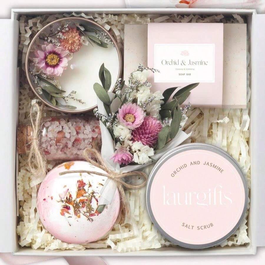 LaurGifts Orchid &Amp; Jasmine Spa Gift Baskets For Women – Scented Self Care Shower Essential - Elegant Kit For Mom, Wife, Sister, Friend - Body Bath Set - Aromatic Box For Occasions - Home Spa-Inspired
