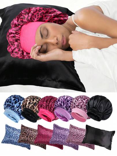 Set Of 2, Including Wide Sleeping Cap And 1 Satin Pillowcases For Home, Bedroom, Living Room, Or Hotel Use (Without Pillow Insert) Hair Care Set Night Sleeping Bonnet Printed Leopard Boho Casual Black Solid Silk Turban For Sleeping