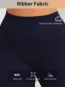 Navy Blue Plus Size Seamless Ribbed High Waist Tummy Control Shapewear Leggings, 4-Way Stretch Squat Proof Yoga Pants, Breathable Activewear Tights Suitable For Curvy Women Spring - Navy Blue - View 7