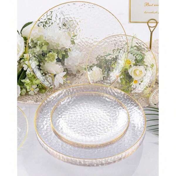 Juego de 50/25/7/1 platos con borde dorado transparente y martillado, que incluye 1 plato grande de 10.25" y 1 plato pequeño de 7.5", ideal para reuniones familiares, fiestas de cumpleaños, eventos al aire libre, fiestas festivas, bodas y ocasiones múltiples