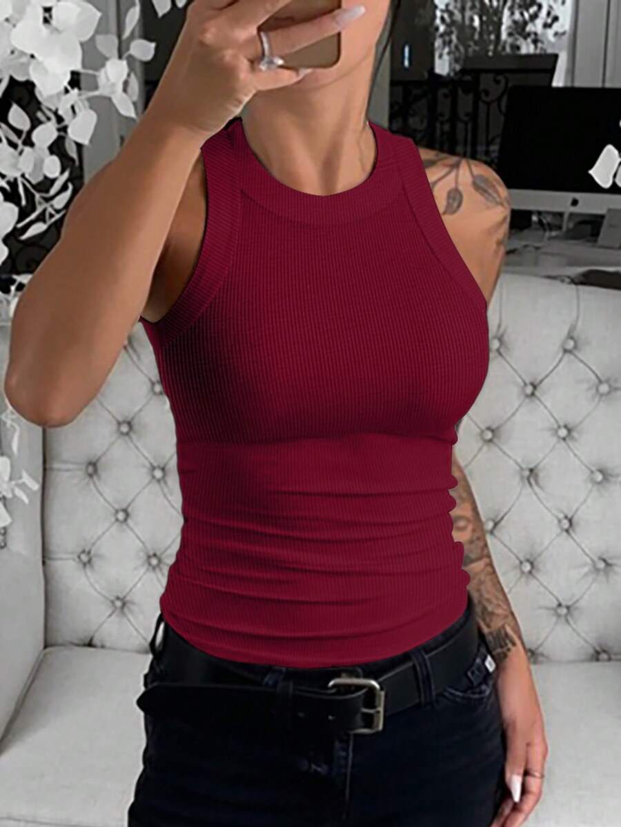 ChicMe 女士罗纹圆领针织无袖吊带背心，基础款修身休闲上衣 - 酒紅 - 查看 1