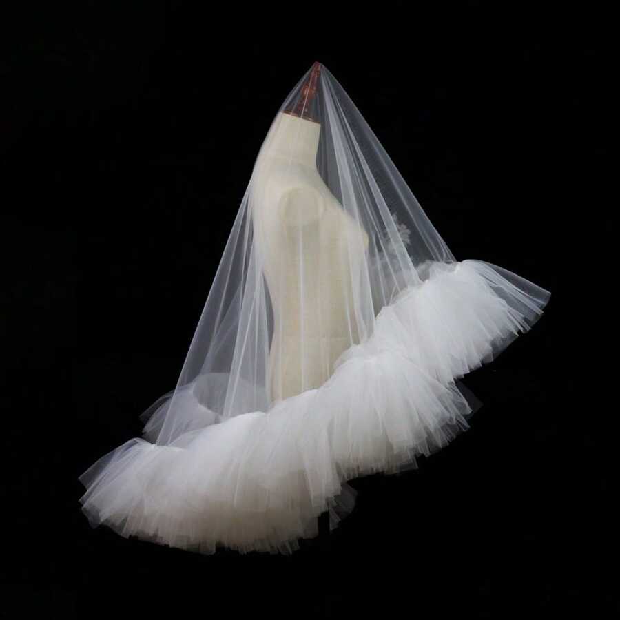 1 Pc Handmade Fluffy Lotus Leaf Edge White Double Layered Bridal Veil - White - View 1