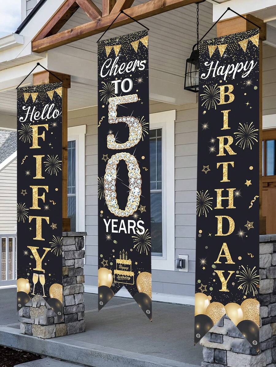 3pcs Black & Gold 50th Birthday Door Sign, Black & Gold Birthday Polyester Hanging Banner "Hello 50, Cheers To 50!", Balloon, Cake, Champagne, Firework Design 50th Birthday Decor, 50th Birthday Party Room Decoration