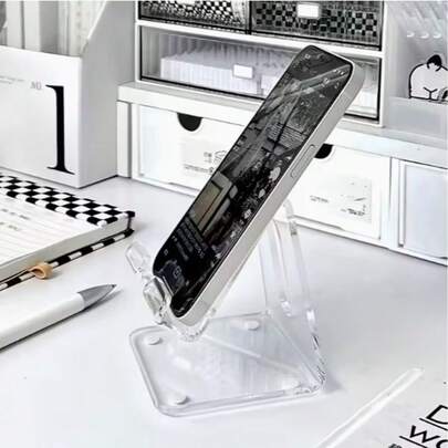 Soporte de teléfono acrílico transparente, material ABS, soporte universal de escritorio para teléfonos inteligentes con almohadillas antideslizantes y orificio de carga, diseño ergonómico para todos los teléfonos inteligentes de 4 a 8 pulgadas - Accesorios de escritorio de oficina