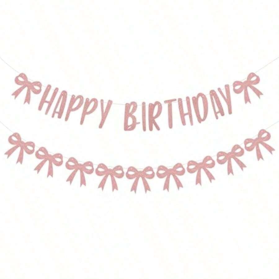 Pink Bow Banner Garland Coquette Happy Birthday Banner With Glitter For Women's Birthday Party Decorations Fun And Festive Birthday Sign Ideal For Photo Props Assembled Not Included Perfect For Celebrations And Gift Ideas - 粉色 - 查看 1