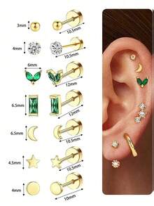 Bộ 6-24 khuyên tai đinh tán bằng thép không gỉ mạ vàng 18K, không gây dị ứng, khuyên tai sụn mini dạng vít dẹt unisex, trang sức xỏ khuyên, màu xanh trong suốt. - Bông tai - Xem 12