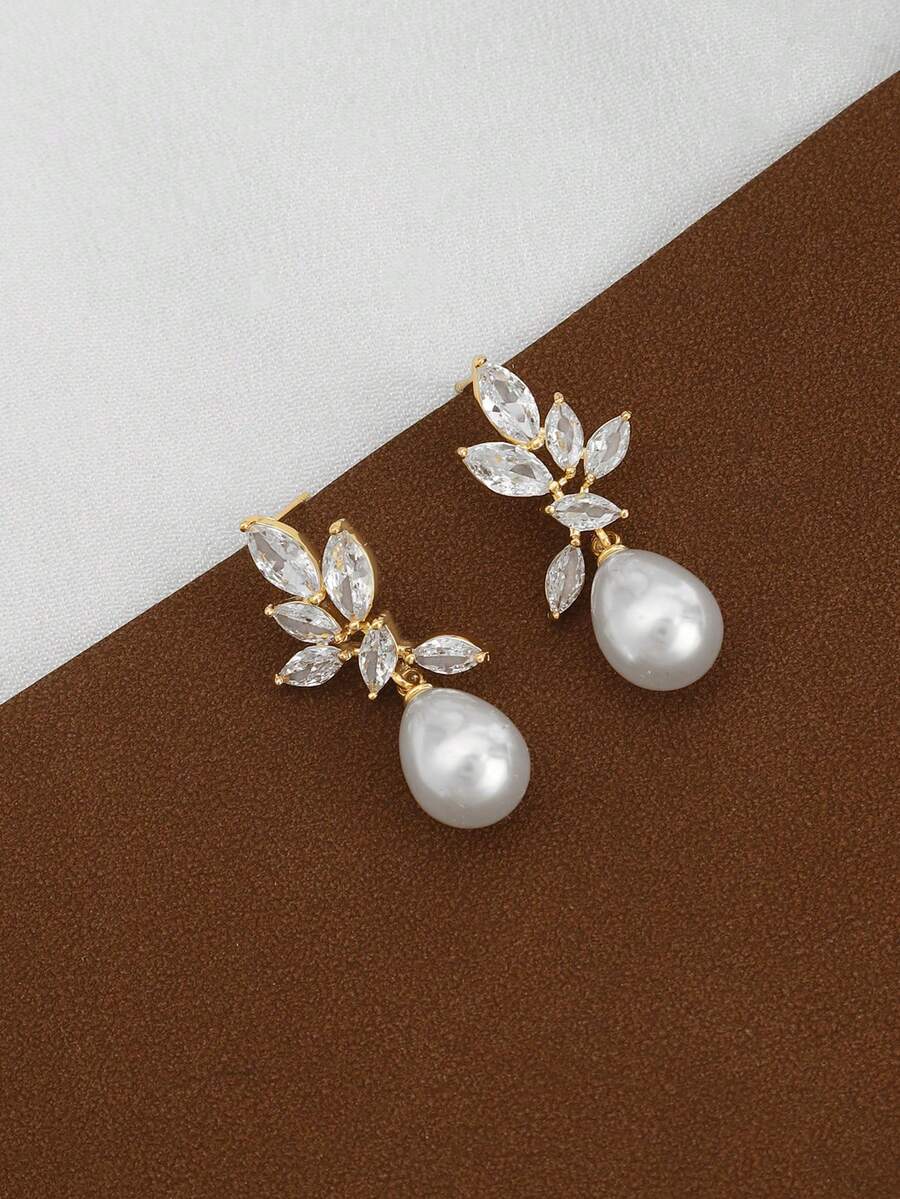 1Pair Gorgeous Gold - Plated Pearl & Cubic Zirconia Drop Earrings - Ideal For Daily Wear, Banquets, Gatherings, Weddings - Bridal Pearl Earrings