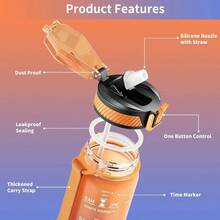 Bottle With Straw, 32oz Sports Motivational Bottle With Time Markings To Drink Carry Strap Clean Brush, 1L, Tritan, LeakProof Women Men Gym Fitness Outdoor 1 Pack