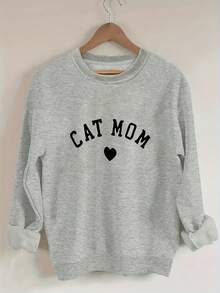 Women'S Plus Size Cat Mom Print Sweatshirt, Cozy Round Neck Pullover Top, Long Sleeve Crew Neck Casual For Winter & Fall, Machine Washable, Comfortable Fit, Playful Graphic Print, Ladies Sweaters - 灰色 - 查看 1