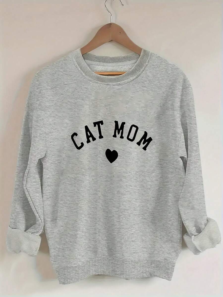 Women'S Plus Size Cat Mom Print Sweatshirt, Cozy Round Neck Pullover Top, Long Sleeve Crew Neck Casual For Winter & Fall, Machine Washable, Comfortable Fit, Playful Graphic Print, Ladies Sweaters - 灰色 - 查看 1
