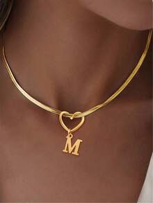 1 pieza Nuevo clásico 26 letras Colgante hueco en forma de corazón Cadena de hoja de oro, Regalo para novia/esposa - Amarillo Oro - Ver 1