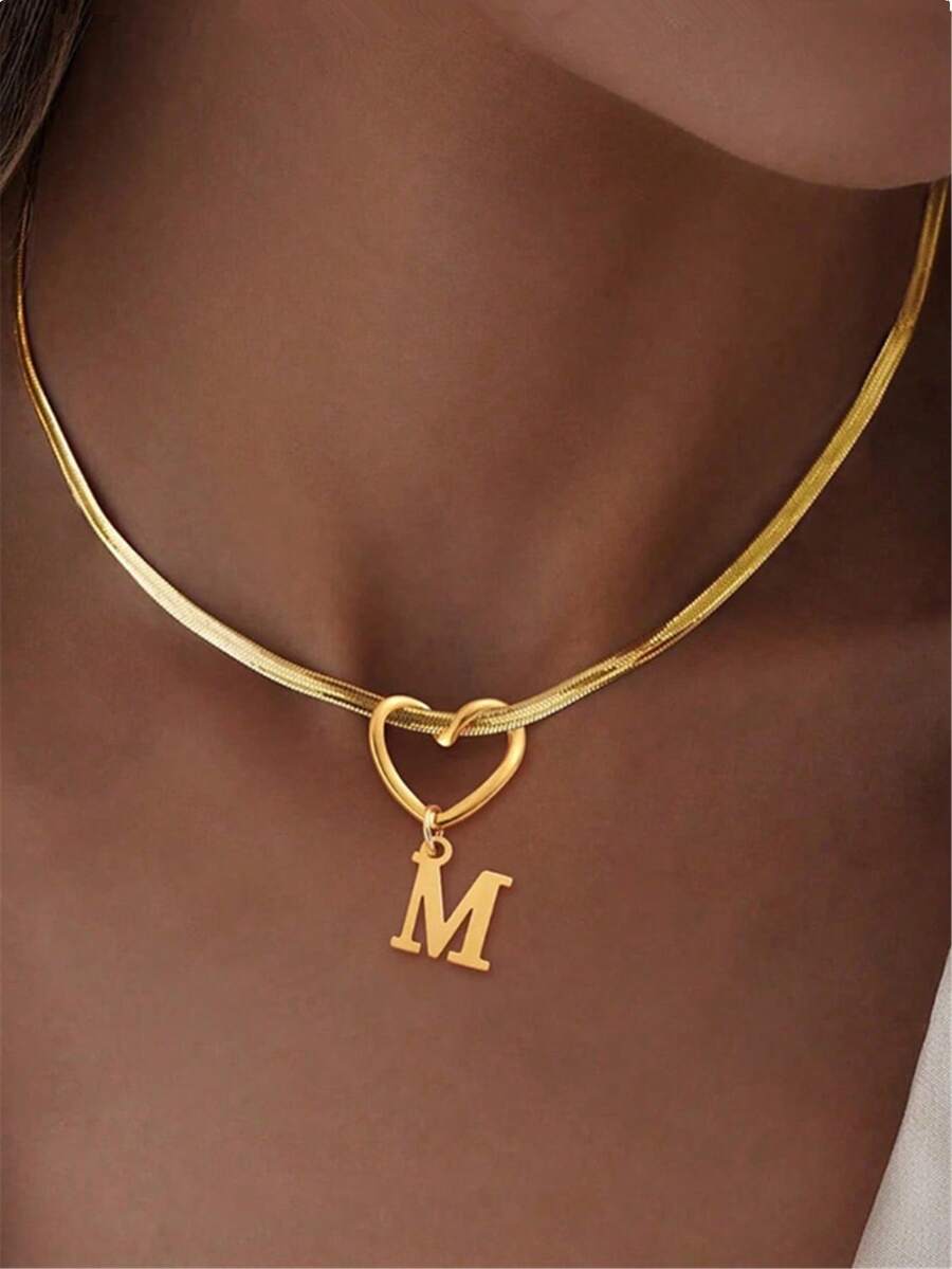 1 pieza Nuevo clásico 26 letras Colgante hueco en forma de corazón Cadena de hoja de oro, Regalo para novia/esposa - Amarillo Oro - Ver 1