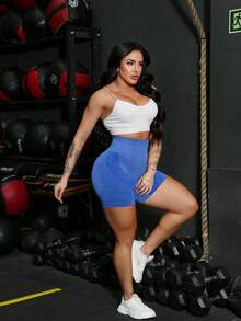Yoga Shorts Sports Gym Leggings  Tie Dye Crumpled Butt Lifting Seamless High Waist YI-016 - 寶藍色 - 查看 5