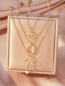 3pcs/Set Fashionable Women Necklace, Star, Planet, Heart Pendant Design, 18K Gold Plated Stainless Steel Chain, Suitable For Daily Wear And Party, Best Jewelry Gift - Gold - View 9