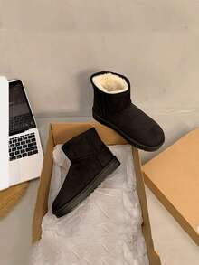 1 双女式短款雪地靴，2025 年新款冬季保暖毛绒内衬踝靴，防滑休闲百搭 - 黑色 - 查看 3