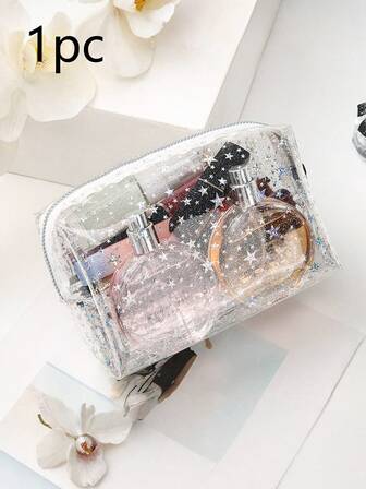 1 pieza Bolsa de maquillaje de PVC con brillo y estrellas de fantasía, transparente con brillo morado, organizador portátil de cosméticos y artículos de tocador para viajes, negocios y uso diario, bolsa de maquillaje de PVC transparente con cierre de cremallera - Organizador de cosméticos transparente, estuche de aseo espacioso para viajes para mujeres/hombres, gimnasio, natación