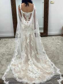 1pc Bridal Pearl Lace Trim Shawl, Faux Pearl Lace Bridal Shawl Cape - White - View 8