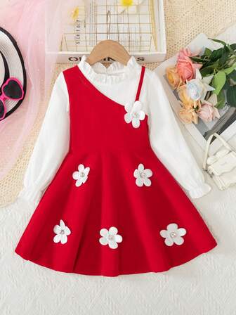 Young Girl Casual 2 In 1 Contrast Color Long Sleeve Ruffle Tie Collar 3D Floral Straight Hem Dress, Suitable For Daily, Home, Outdoor, Spring/Autumn