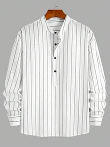Herren Vintage Stil weiß gestreiftes Hemd mit Stehkragen und halber Knopfleiste, locker geschnitten, modisch, vielseitig, geeignet für Büro, Frühling & Herbst
