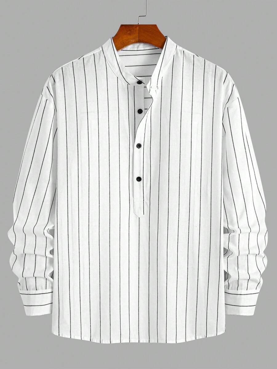 Men's Vintage Style White Striped Mandarin Collar Half-Button Casual Shirt, Loose Fit, Fashion, Versatile, Suitable For Work, Spring & Autumn, Long Sleeve Top - White - View 1