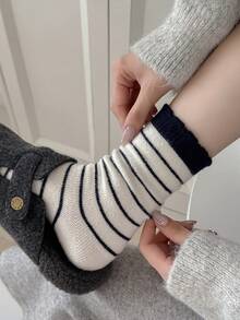 3 pares de calcetines gruesos y cálidos de lana con rayas para mujer, calcetines minimalistas de moda suaves hasta el tobillo, para otoño/invierno