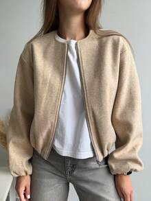 Women's Fashionable Versatile Solid Color Short Jacket, Autumn/Winter - Khaki - View 2