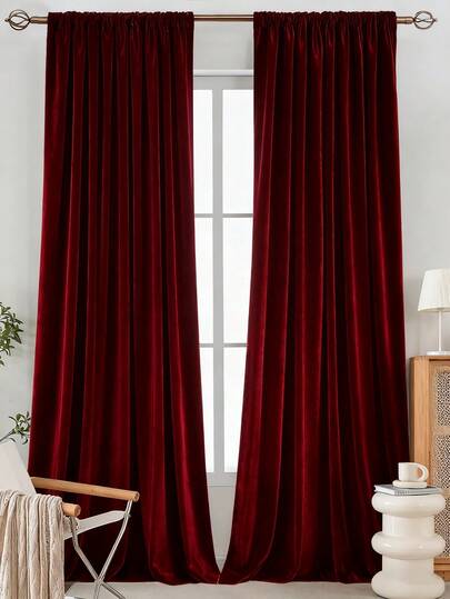 ستارة مخملية بجيب عصا قطعة واحدة، ستارة مخملية معتمة بطراز شمالي حديث فاخر باللون البرغندي للغرفة المعيشة والنوم والشرفة