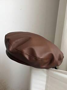 1pc Women's Black Flat Top Beret Hat, Versatile PU Painter Beret, Pumpkin Hat, Autumn/Winter