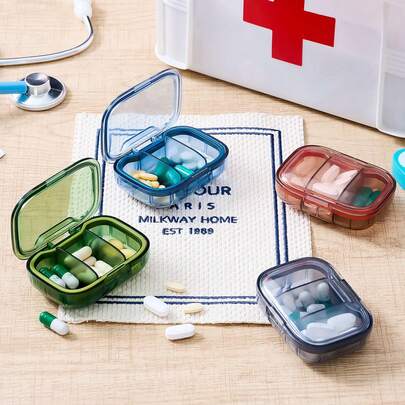 1pc 7cm*5cm*2.6cm, Small-Capacity, Portable, 2-Compartment, Multi-Sealed (Dustproof & Antibacterial), Easy To Access, Plastic Pill Organizer (Practical Daily & Travel Style) - No Specified Pattern, Compact Rectangular Shape, 3 Separate Grids + Tight-Seal Lid Detail, Stores Daily 3-Meal Pills/Vitamins/Fish Oil/Calcium Tablets