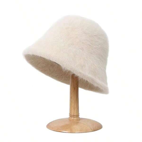 1 Solid Color Beige Elegant Plush Women's Bucket Hat, Suitable For Outdoor Wear In Autumn And Winter Seasons, Can Be Given As A Holiday Gift