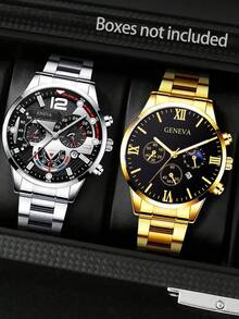 4pcs/Set Men's Business Casual Watch With Calendar, PU Leather & Alloy Strap, Gold/Silver Case, Suitable For Daily, Business, Birthday Party, Travel, Running