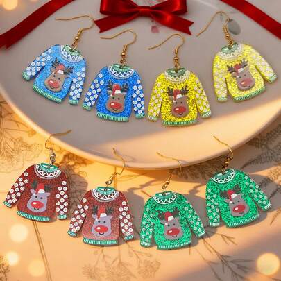 4 Pairs/Set Cute Christmas Reindeer Sweater Design Acrylic Earrings Set, Printed Festive Earrings For Christmas Party, Holiday Gifts, Daily Wear