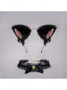 1pc Party Performance Plush Fox/Wolf Tail Prop, Handmade Cute Furry Animal Tail Set With Headband For Cosplay, Halloween, Christmas, Gift, Party Stage Accessories - Tassel Cat Ear Headband, Lace Bell Bracelet, Lace Bell Necklace, Bell Headband - Black and White - View 2