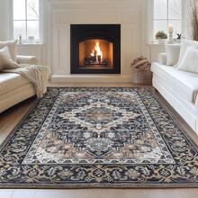 Washable Area Rug 5x7 - Soft Faux-Wool Area Rug Living Room Bedroom, Boho Vintage Floral Medallion Non-Slip Low Pile, Pet Friendly, Blue White - 黑棕色 - 查看 6