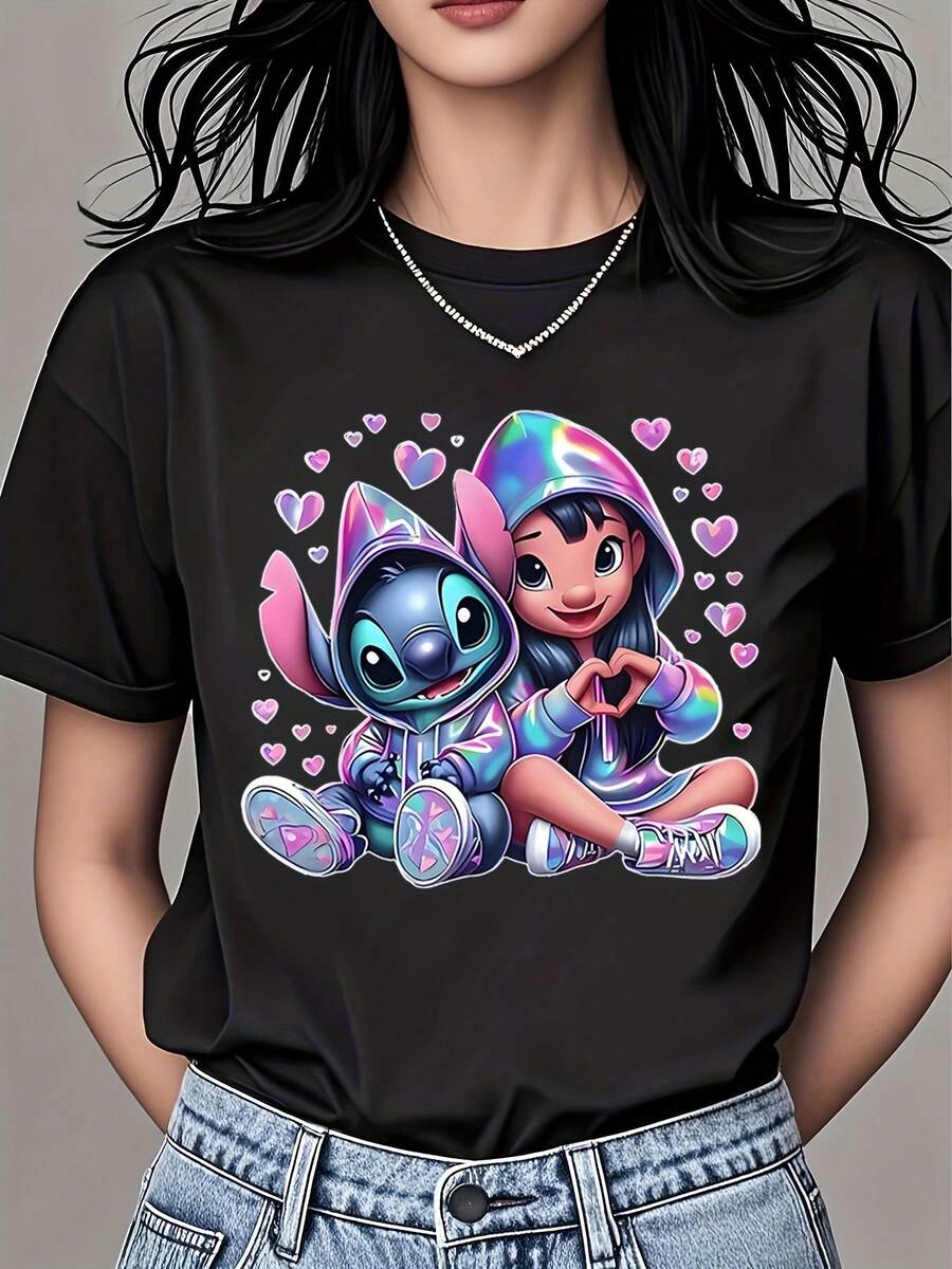 Disney Women's T-Shirts Stitch And Lilo With Hearts And Rainbow Colors Pattern T-Shirts Casual Short-Sleeved Stylish Casual Outdoor Shirts Unisex Daily Wear For Gifts Home Clothes - Black - View 1