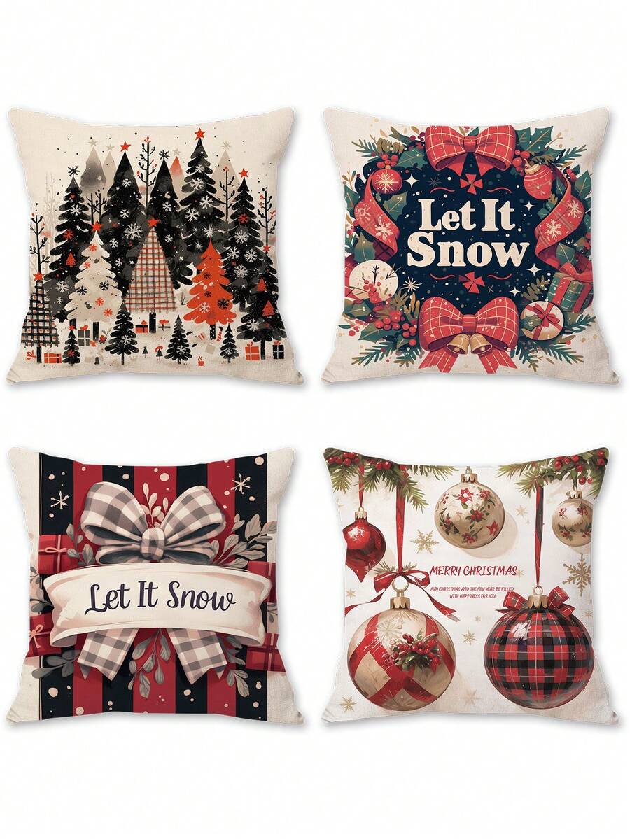 4 fundas de almohada navideñas, con estampados de árbol de Navidad, luces de colores y campanas, de 17.7*17.7 pulgadas (45*45cm), de tela de melocotón suave con impresión digital por un solo lado, adecuadas para sofá, sala de estar, dormitorio, coche, oficina, hotel, decoración, regalo perfecto para familia y amigos, para todas las estaciones