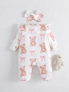 2pcs Baby Girl Casual Cute Bow Bear Print Jumpsuit With Headband Decor Set - Multicolor - View 3