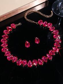 قلادة بلورية شكل قطرة ماء فوشيا وزهري، طقم إكسسوارات رسمي يشمل زوج من أقراط قطرة ماء فوشيا وزهري من الأكريليك
