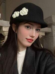 1 szt. damski beret z 3D kwiatowym wzorem, dzianinowa czapka gazeciarza, stylowa i uniwersalna, elegancka do noszenia na co dzień, do kawiarni, parku rozrywki, na spotkanie