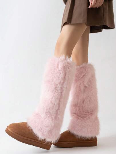 زوج من دفايات الساق الفرائية بطراز هاراجوكو Y2K للنساء، دفايات ساق متوسطة الطول فرو ناعمة، للخريف/الشتاء